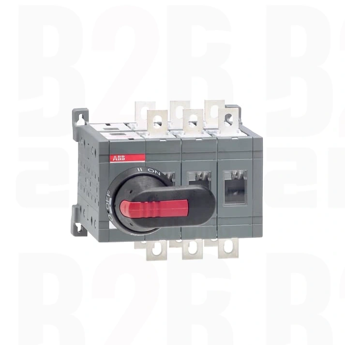 OT250E03CP Przełącznik (I-0-II) 250A, 3P, napęd z przodu, z wałkiem i czarną rączką IP65, montaż na płycie montażowej, zestaw ś