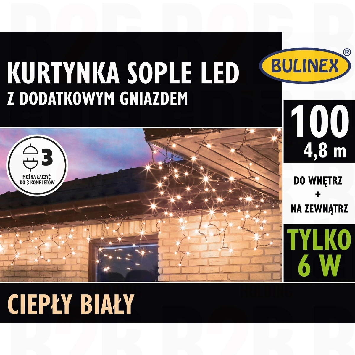 Kurtyna sople 100 LED z dod. gn. i zasilaczem, wew/zew, 4,8m, biały ciepły