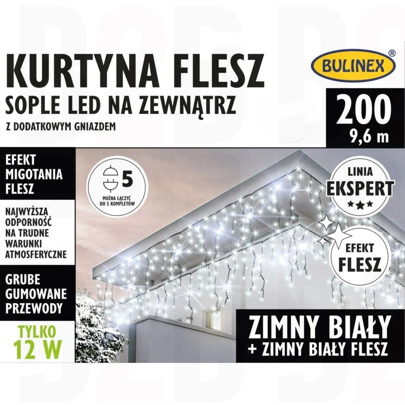 Kurtyna sople 200 LED FLESZ zewnętrzna z dodatkowym gniazdem, 9,6m, biały