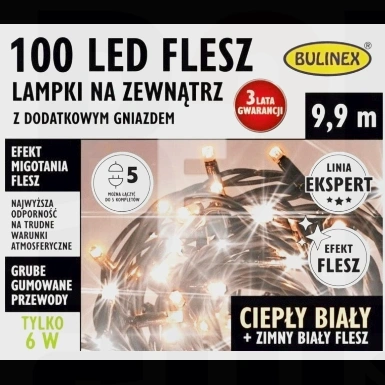 Lampki 100 LED FLESZ zewnętrzne z dodatkowym gniazdem, 9,9m, ciepły biały+zimy