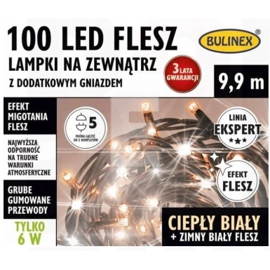 Lampki 100 LED FLESZ zewnętrzne z dodatkowym gniazdem, 9,9m, ciepły biały+zimy