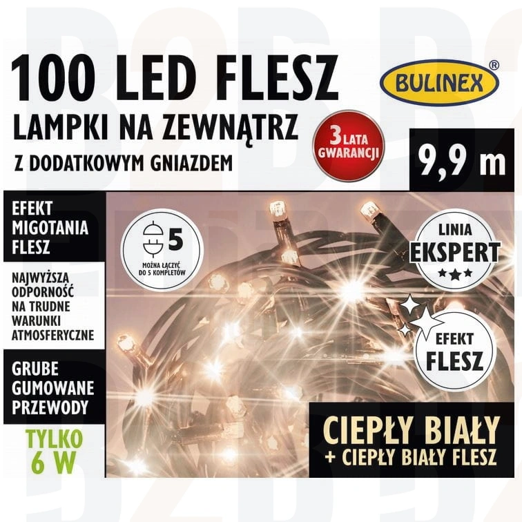 Lampki LED flesz 100L-9,9m zew. z dod. gn. b.ciepły/b.ciepły flesz
