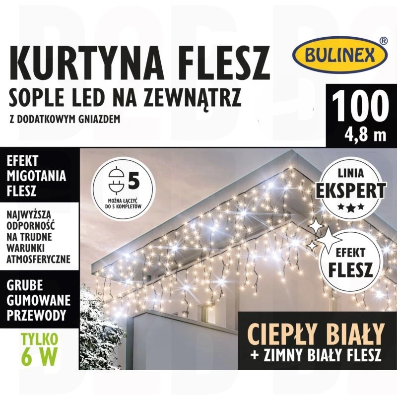 Kurtynka FLESZ sople LED 100L-4,8m z dod. gn. b.ciepły/b.zimny flesz